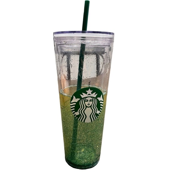 starbucks 24 oz tumbler with straw snow globe glitter green tea - Picture 1 of 5